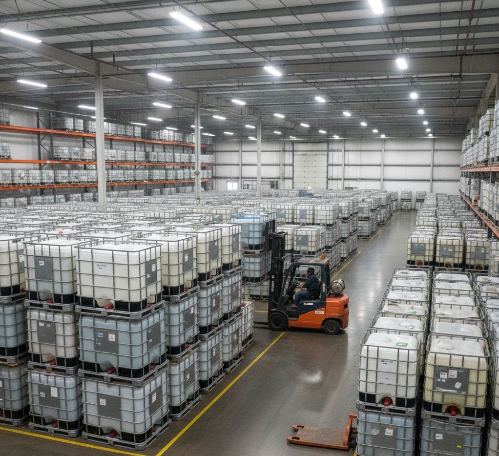 Modern IBC tote warehouse with forklift operations