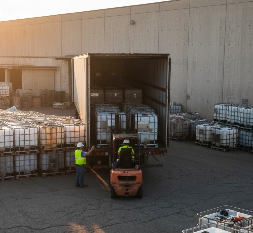 Forklift loading IBC totes into truck