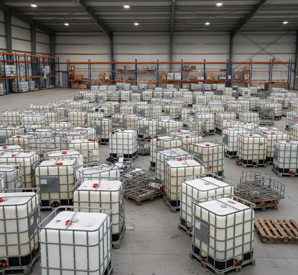 Indoor warehouse with extensive IBC tote inventory
